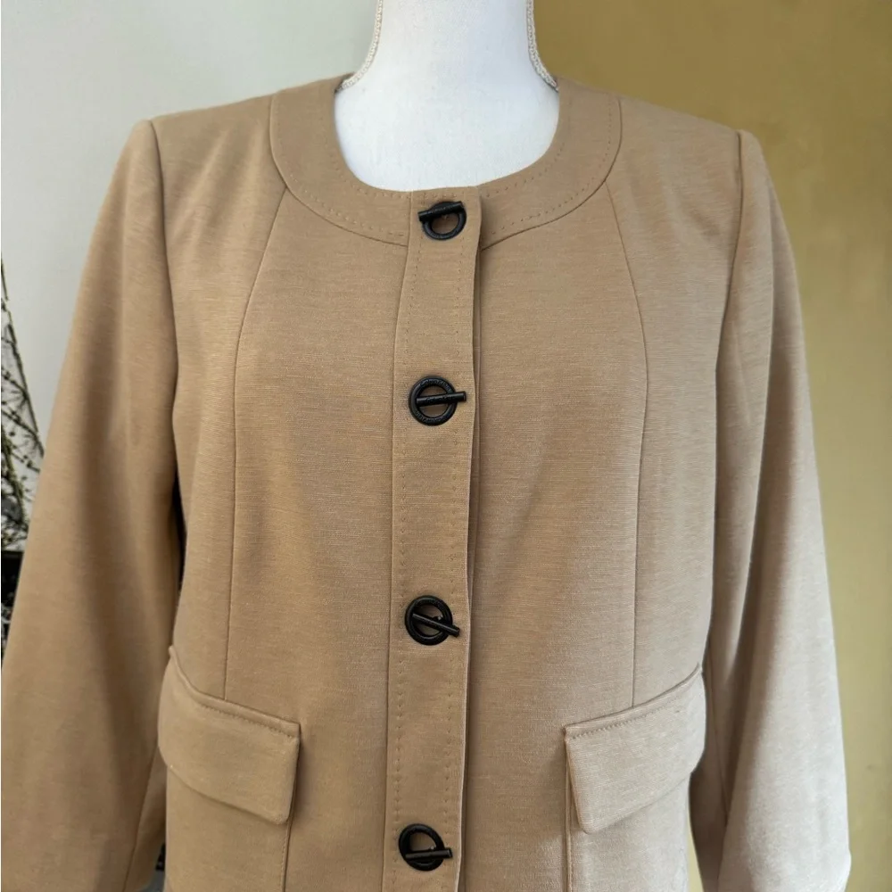 Calvin Klein Tan Collarless Button Jacket with Black Buttons - Picture 2 of 4